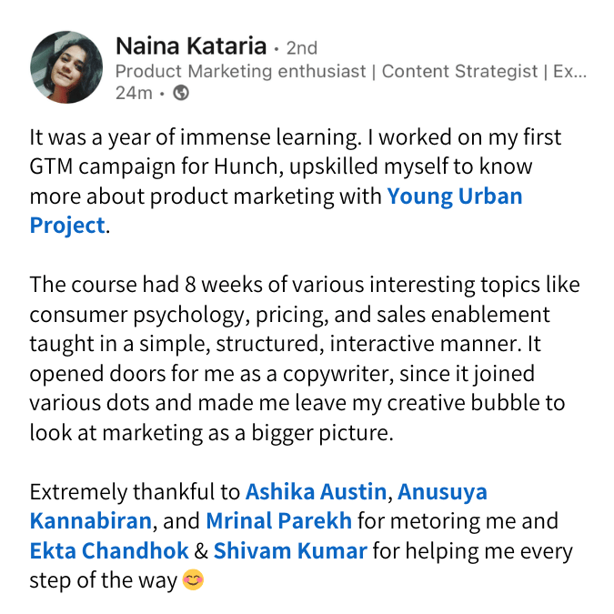 product marketing course - review naina - young urban project