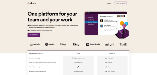 slack landing page